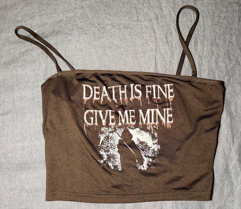 Black “Death Is Fine Give Me Mine” Graphic Crop Tank Size S